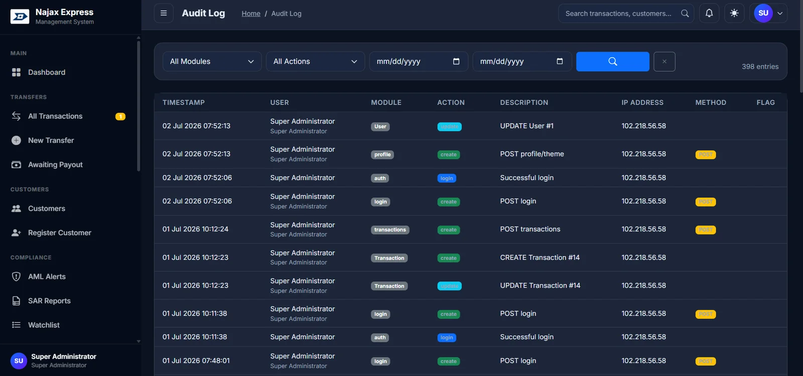 Najax Express — full audit log